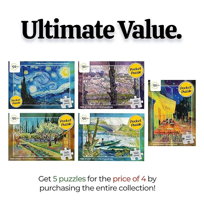 91Knots Vincent Van Gogh Wooden Jigsaw Puzzle (140 Pieces) for Adults and Kids | 5 Box Collection Painting Puzzle | Brain Booster Games & Toys