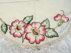 ANTIQUE Linen Table Centerpiece Silk Floral Embroidery,Lovely Handwork,Pinks Greens,Lace,Mission Oak Furniture, French Country, Farmhouse