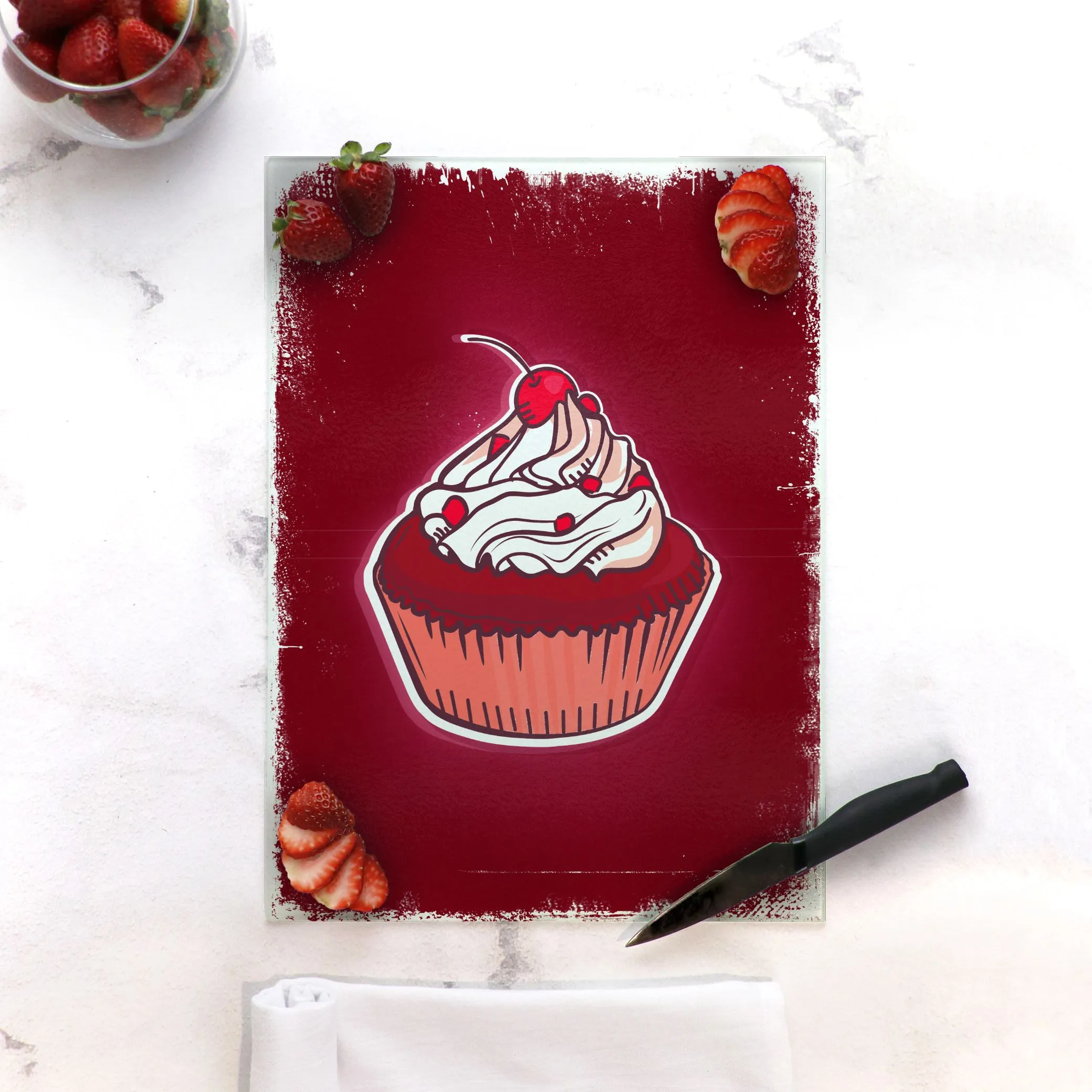 Cherry on Top Cupcake Tempered Glass Cutting Board 15.75" X 11.5" - Designed by Michigan Artists