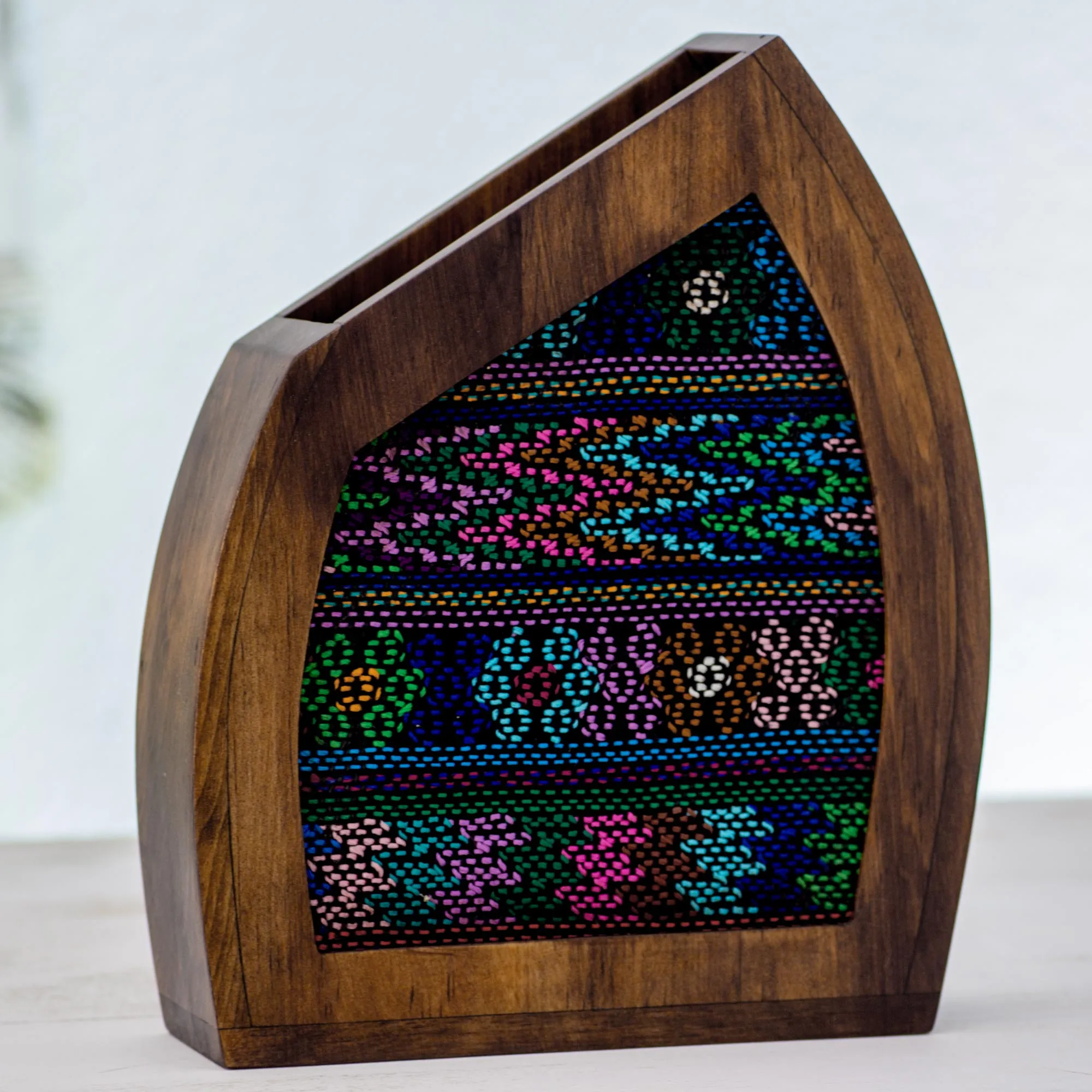 Hand Woven Guatemala Textile on Wood Decorative Vase - Textile Mountain | NOVICA