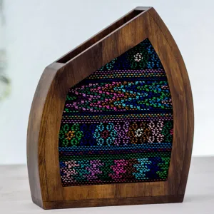 Hand Woven Guatemala Textile on Wood Decorative Vase - Textile Mountain | NOVICA