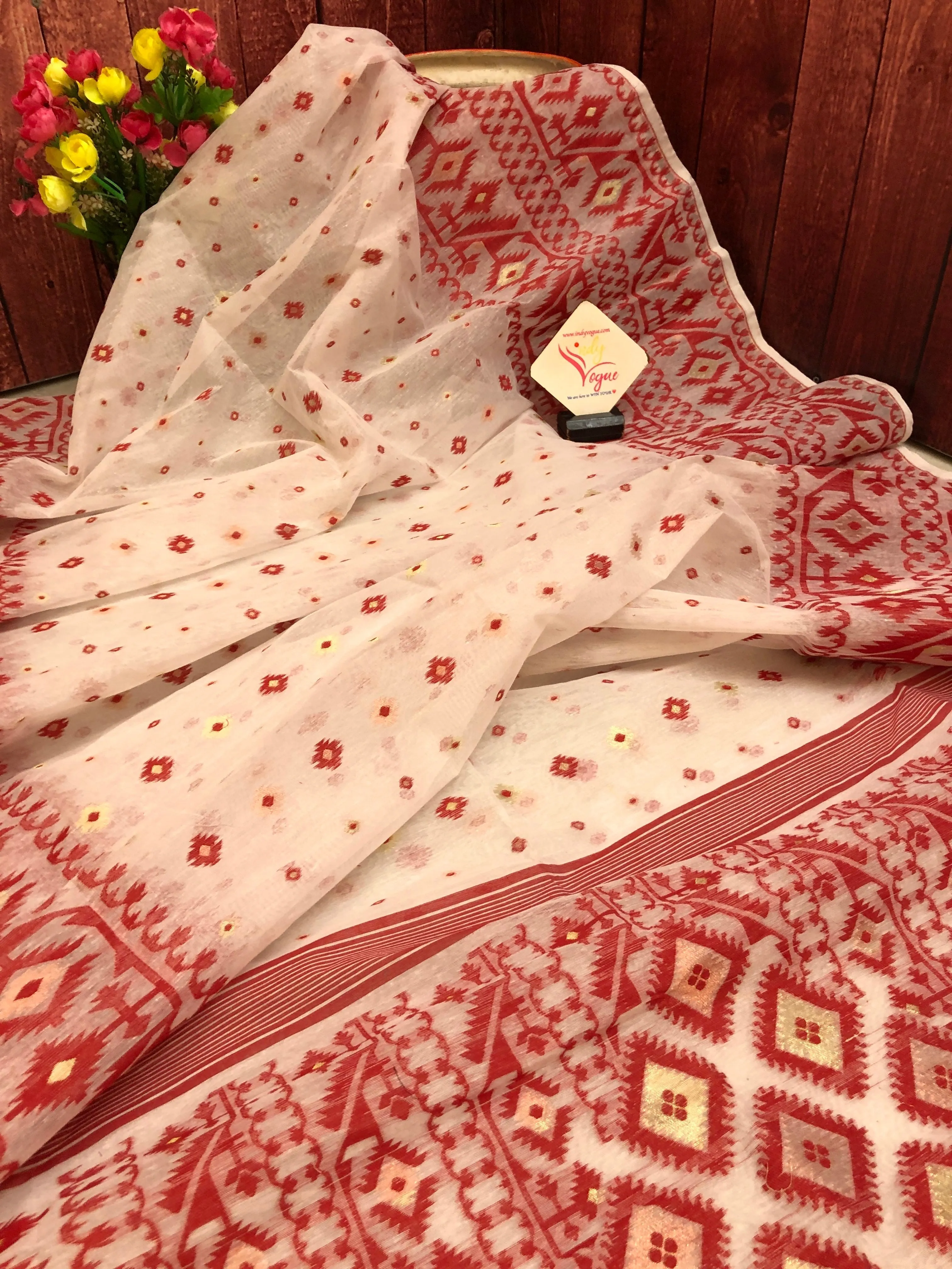 Powder White & Red Color Jamdani Saree