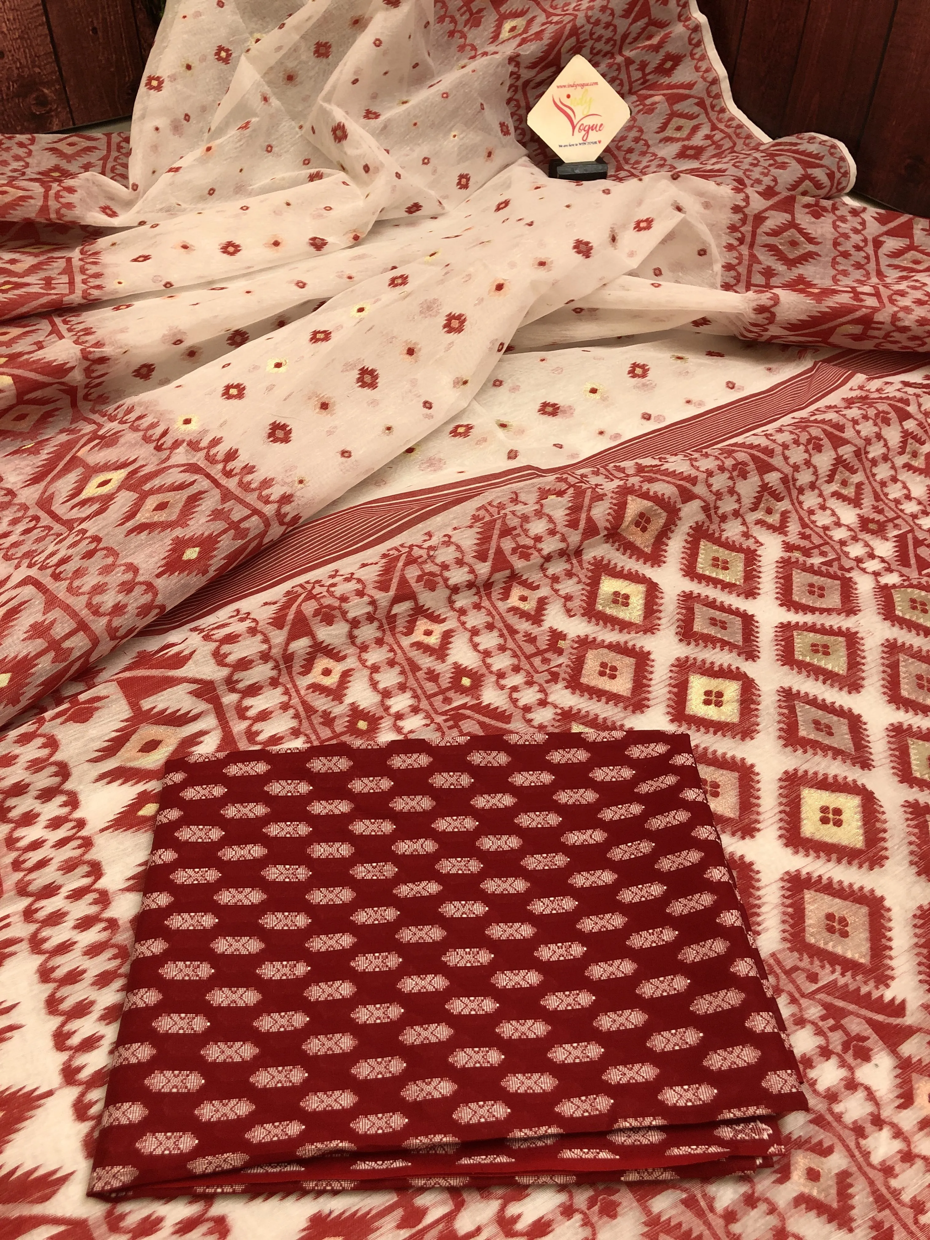 Powder White & Red Color Jamdani Saree