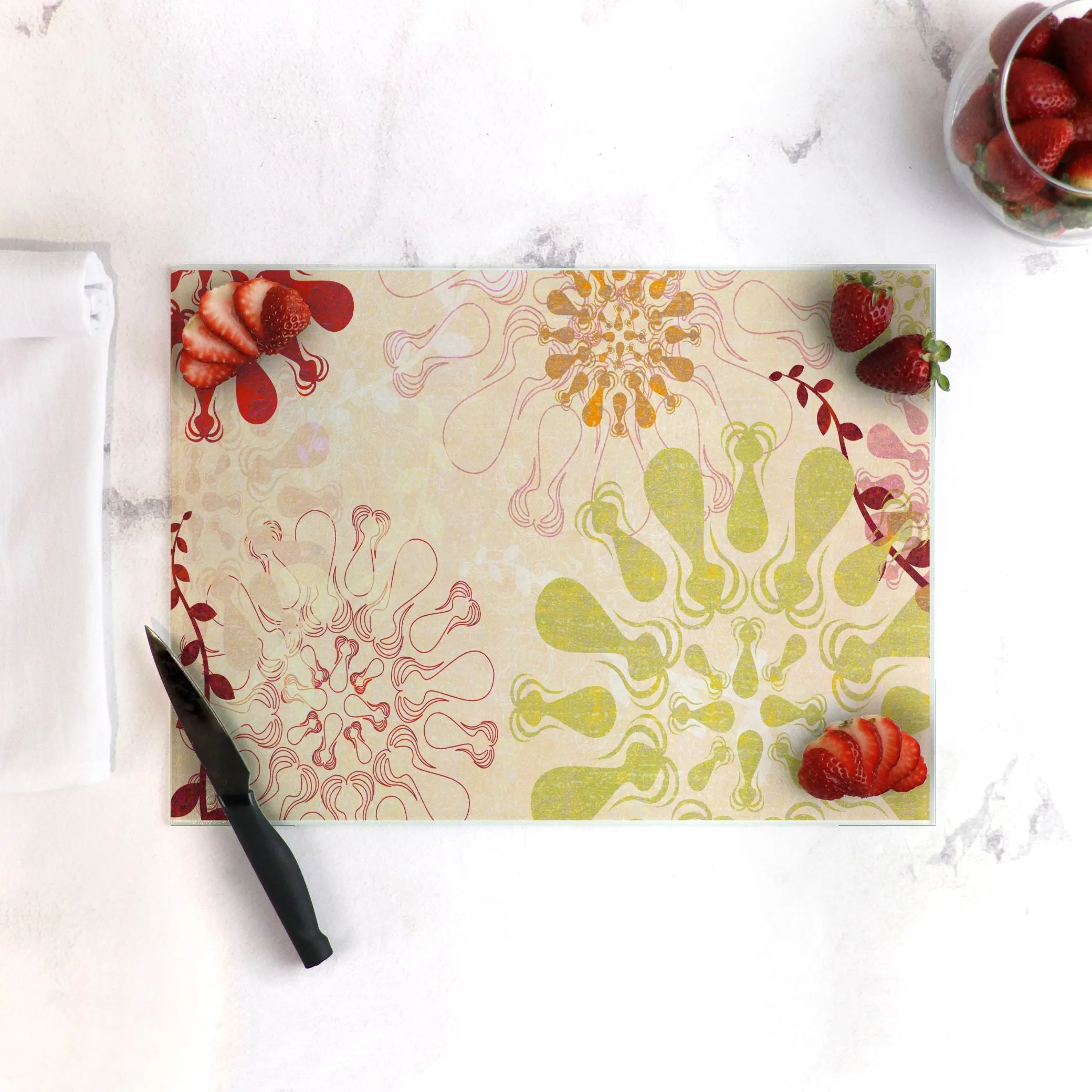 Rouge Blossoms Tempered Glass Cutting Board 15.75" X 11.5" - Designed by Michigan Artists