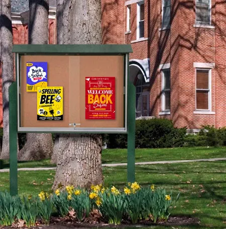 Standing Outdoor Message Center Cork Board 45" x 30" | Locking Sliding Doors Display Case Built with Eco-Design Faux Wood