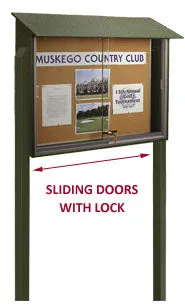 Standing Outdoor Message Center Cork Board 45" x 30" | Locking Sliding Doors Display Case Built with Eco-Design Faux Wood